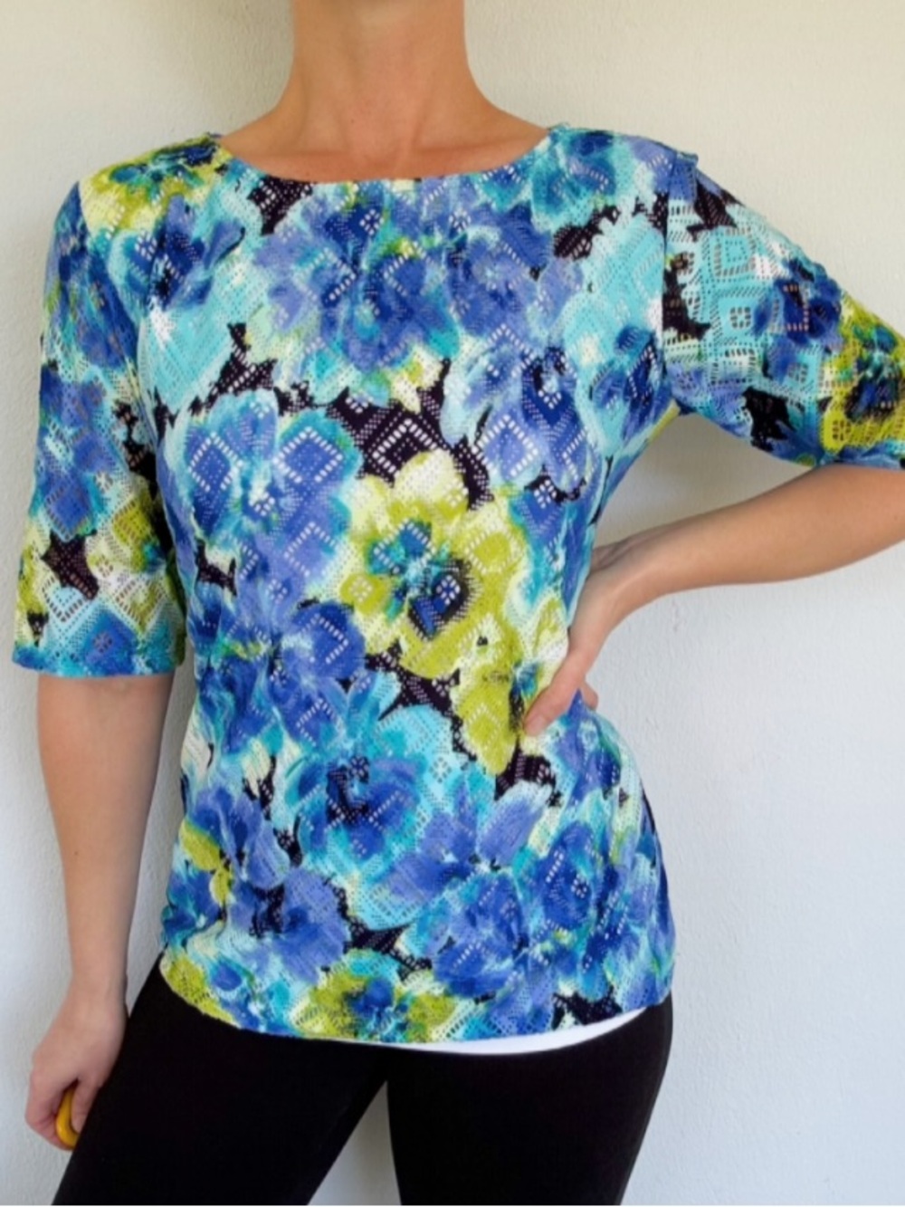 Cindy Oh blue green floral lace mesh boat neck 3/4 sleeve blouse size medium